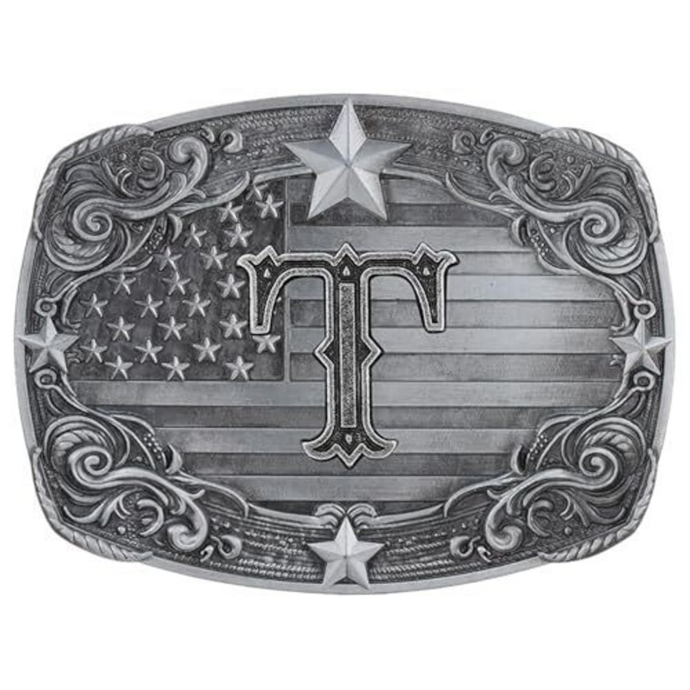 2454 Western Belt Buckle , Initial Letter T Silver Cowboy Belt Buckles